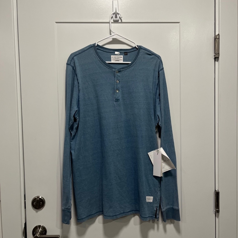 Five Four Mens Long Sleeve Henley Shirt Blue Large Faded Wash 3-Button Placket